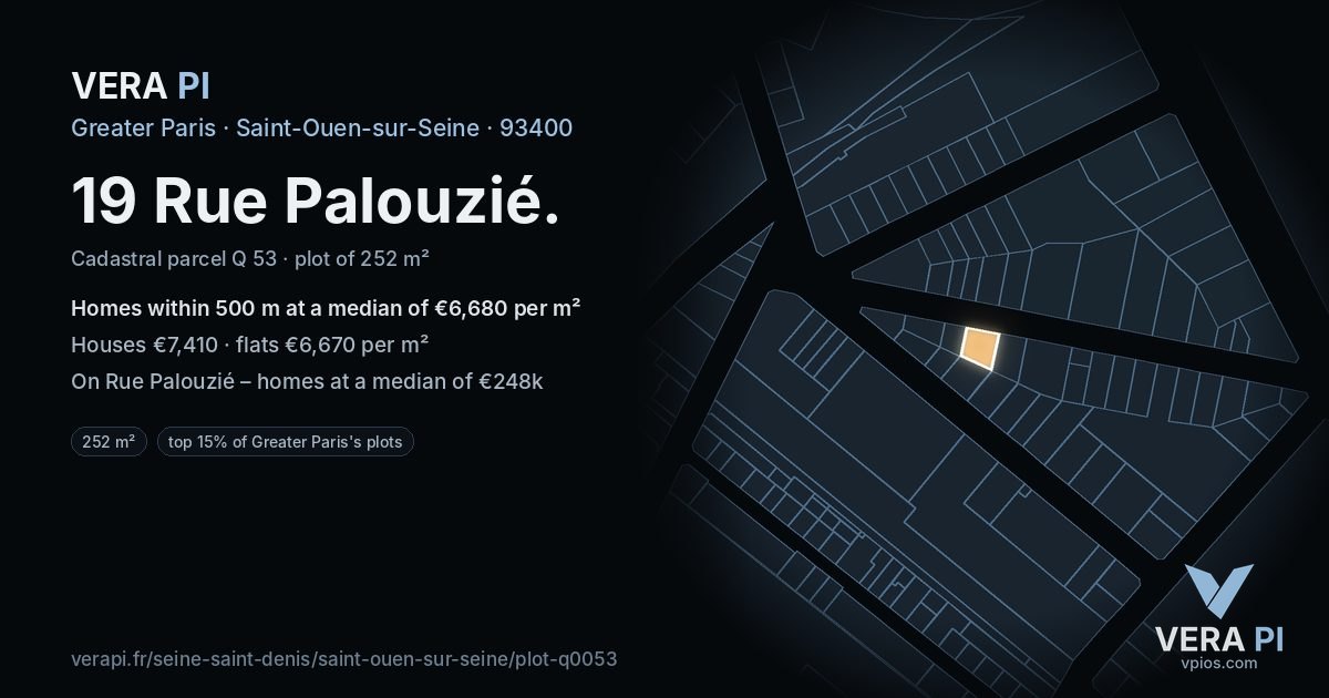 19 Rue Palouzié, Saint-Ouen-sur-Seine at night – the plot lit, the parcels around coloured by the prices near them