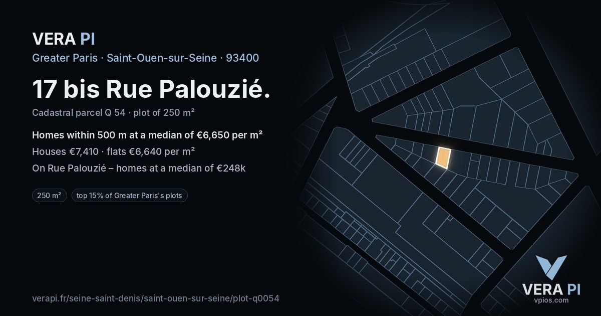 17 bis Rue Palouzié, Saint-Ouen-sur-Seine at night – the plot lit, the parcels around coloured by the prices near them
