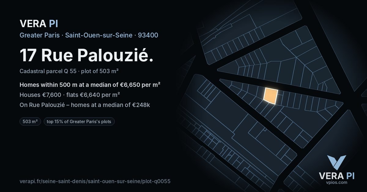 17 Rue Palouzié, Saint-Ouen-sur-Seine at night – the plot lit, the parcels around coloured by the prices near them