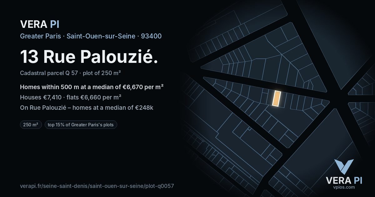 13 Rue Palouzié, Saint-Ouen-sur-Seine at night – the plot lit, the parcels around coloured by the prices near them