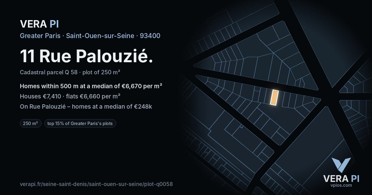 11 Rue Palouzié, Saint-Ouen-sur-Seine at night – the plot lit, the parcels around coloured by the prices near them