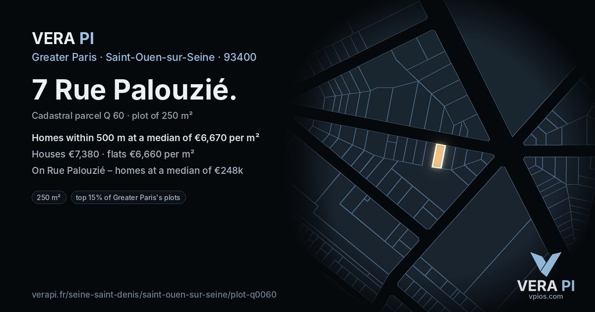 7 Rue Palouzié, Saint-Ouen-sur-Seine at night – the plot lit, the parcels around coloured by the prices near them