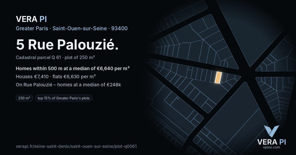 5 Rue Palouzié, Saint-Ouen-sur-Seine at night – the plot lit, the parcels around coloured by the prices near them