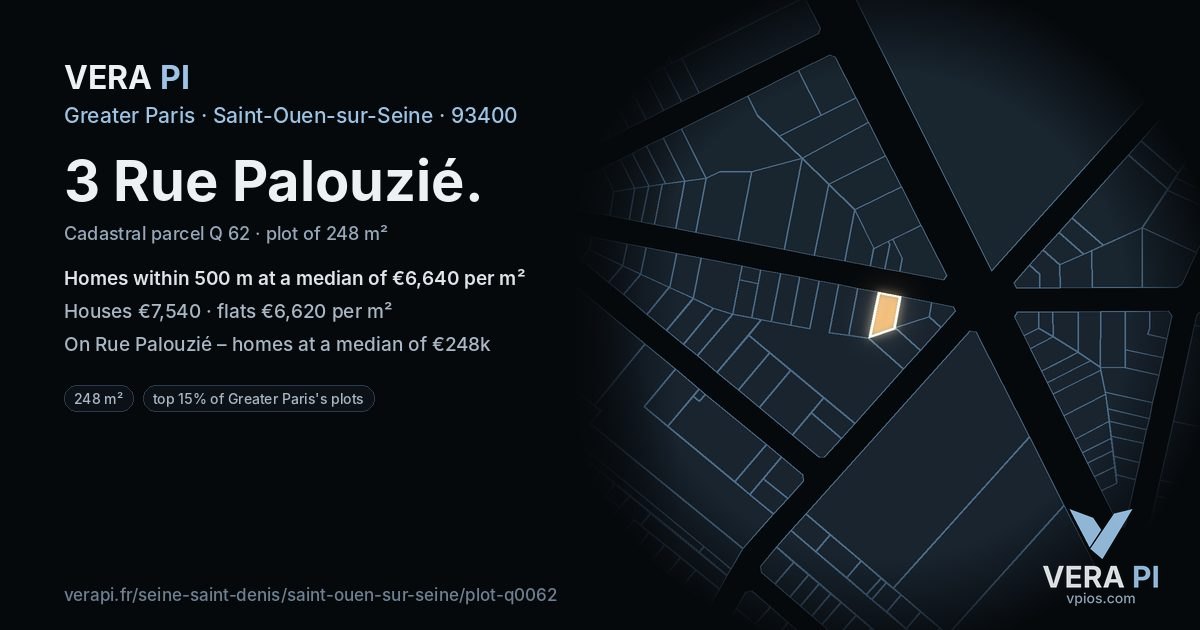 3 Rue Palouzié, Saint-Ouen-sur-Seine at night – the plot lit, the parcels around coloured by the prices near them
