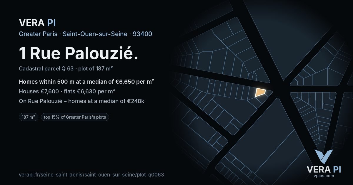 1 Rue Palouzié, Saint-Ouen-sur-Seine at night – the plot lit, the parcels around coloured by the prices near them