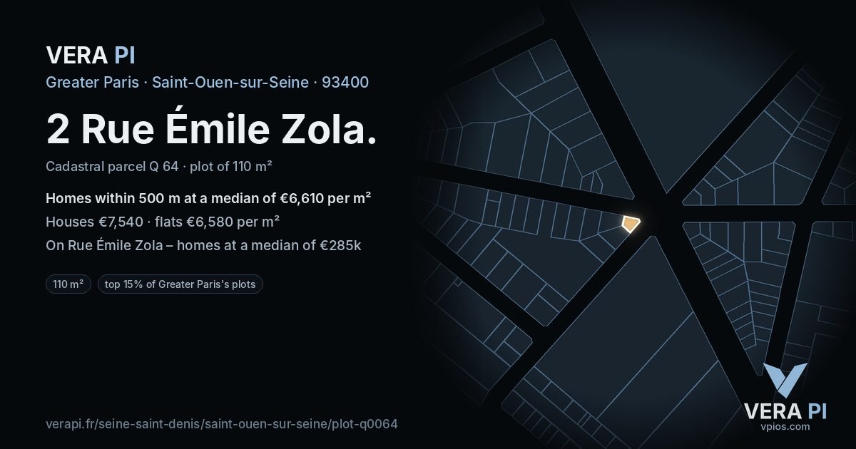 2 Rue Émile Zola, Saint-Ouen-sur-Seine at night – the plot lit, the parcels around coloured by the prices near them