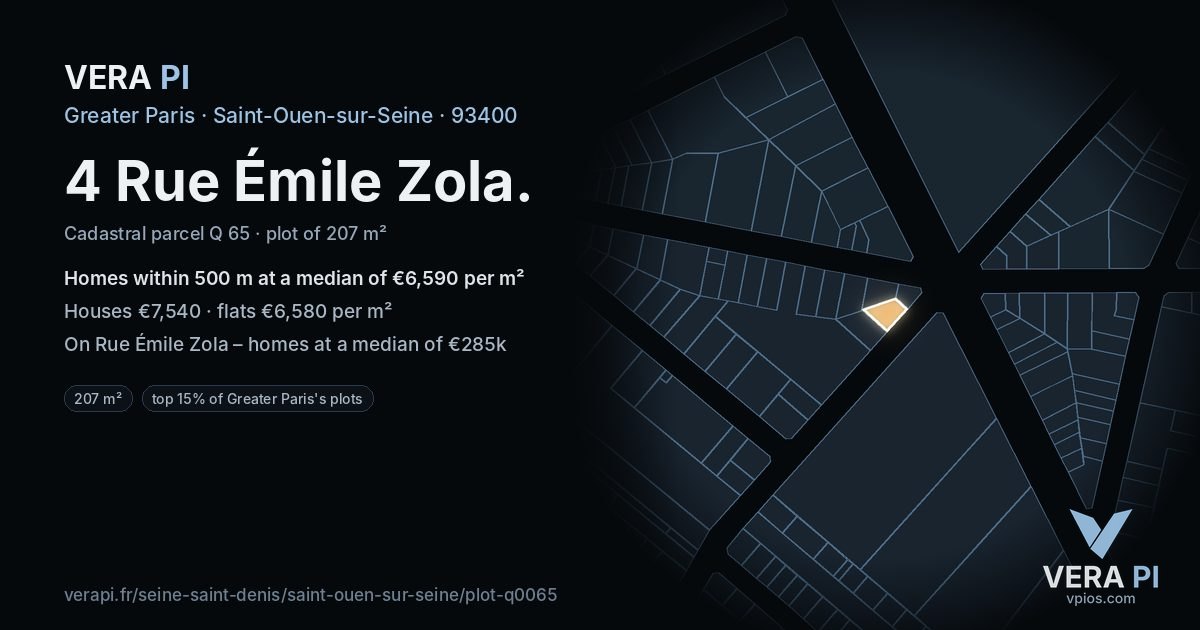 4 Rue Émile Zola, Saint-Ouen-sur-Seine at night – the plot lit, the parcels around coloured by the prices near them