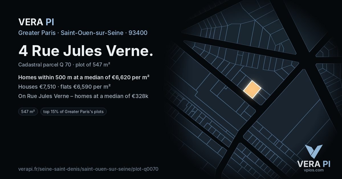 4 Rue Jules Verne, Saint-Ouen-sur-Seine at night – the plot lit, the parcels around coloured by the prices near them