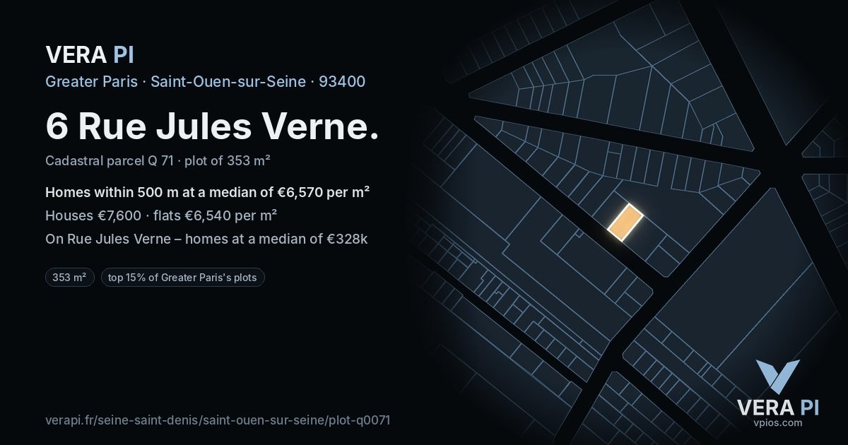 6 Rue Jules Verne, Saint-Ouen-sur-Seine at night – the plot lit, the parcels around coloured by the prices near them