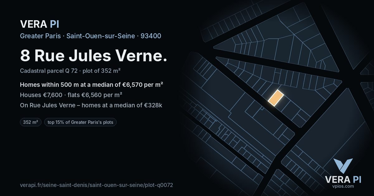 8 Rue Jules Verne, Saint-Ouen-sur-Seine at night – the plot lit, the parcels around coloured by the prices near them