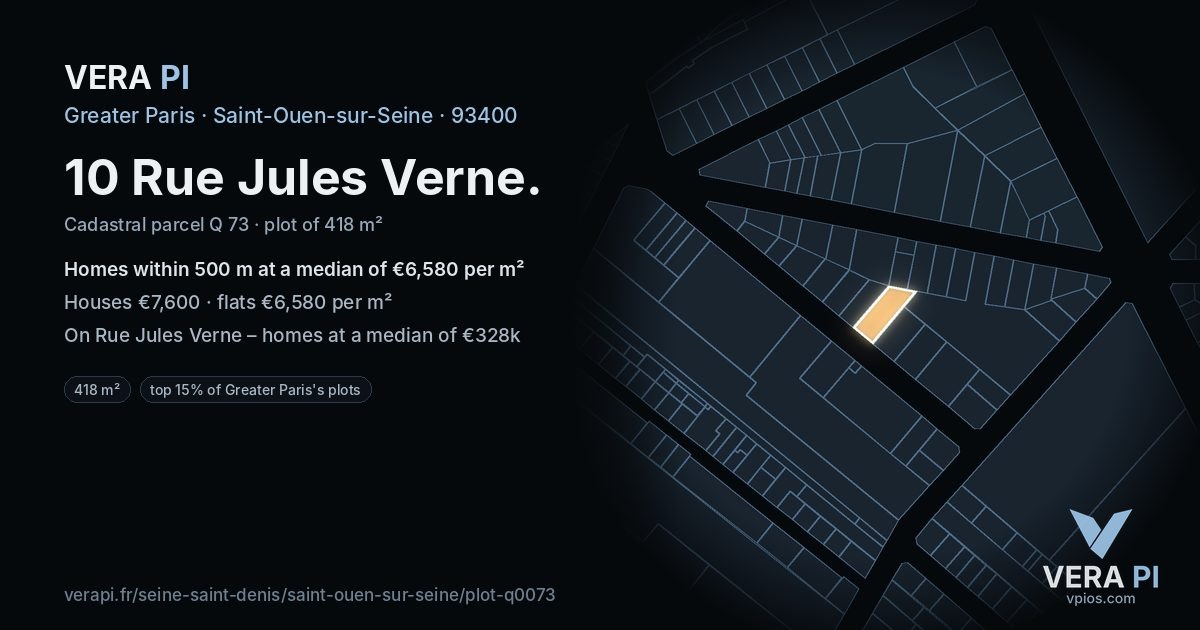 10 Rue Jules Verne, Saint-Ouen-sur-Seine at night – the plot lit, the parcels around coloured by the prices near them