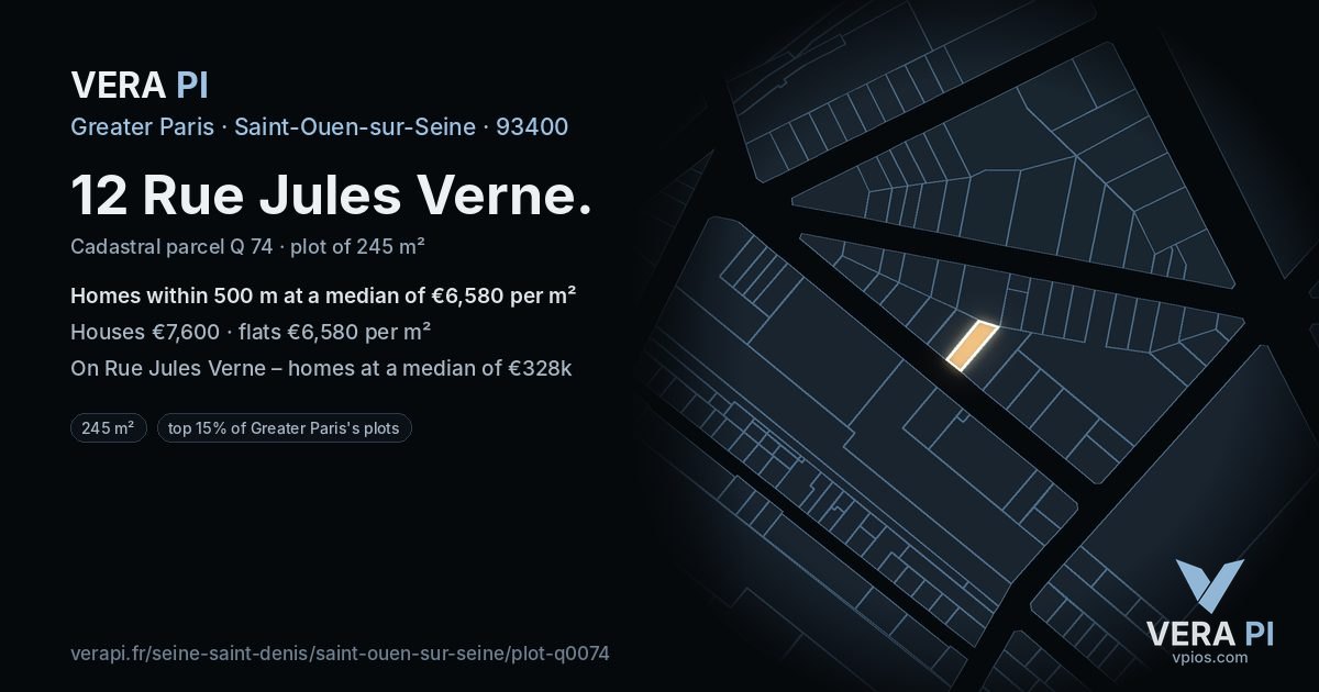 12 Rue Jules Verne, Saint-Ouen-sur-Seine at night – the plot lit, the parcels around coloured by the prices near them