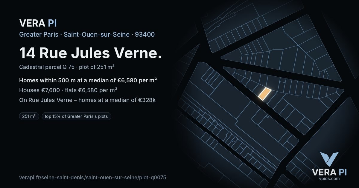 14 Rue Jules Verne, Saint-Ouen-sur-Seine at night – the plot lit, the parcels around coloured by the prices near them