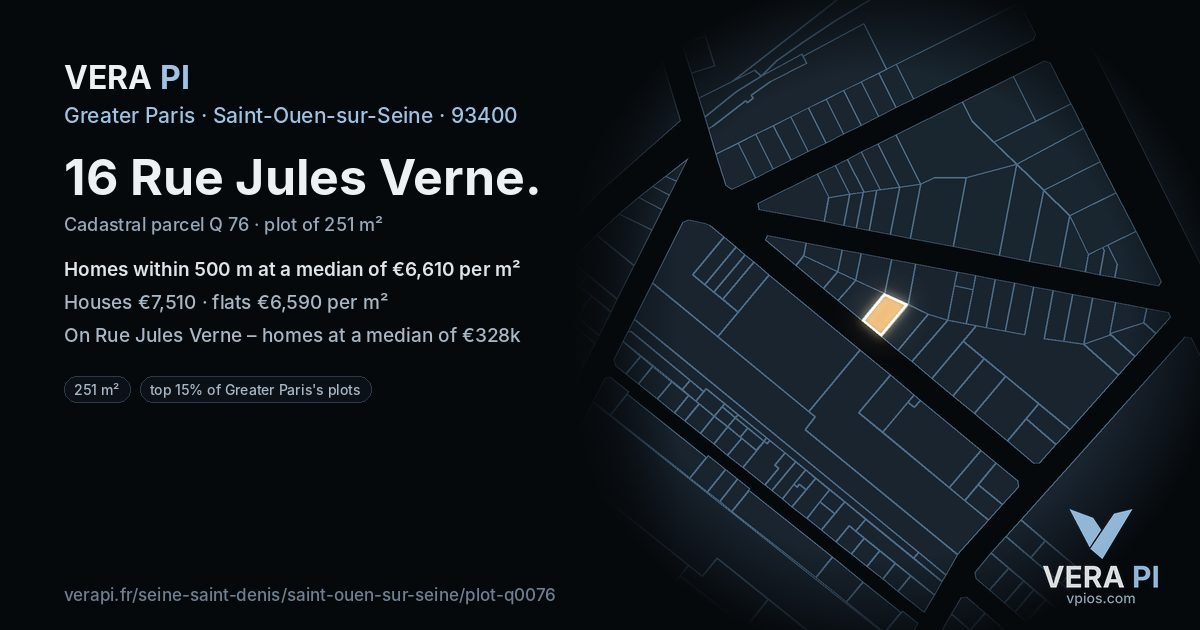 16 Rue Jules Verne, Saint-Ouen-sur-Seine at night – the plot lit, the parcels around coloured by the prices near them