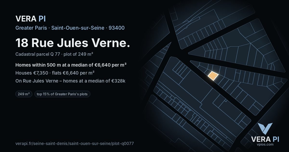 18 Rue Jules Verne, Saint-Ouen-sur-Seine at night – the plot lit, the parcels around coloured by the prices near them