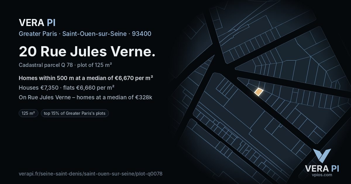 20 Rue Jules Verne, Saint-Ouen-sur-Seine at night – the plot lit, the parcels around coloured by the prices near them