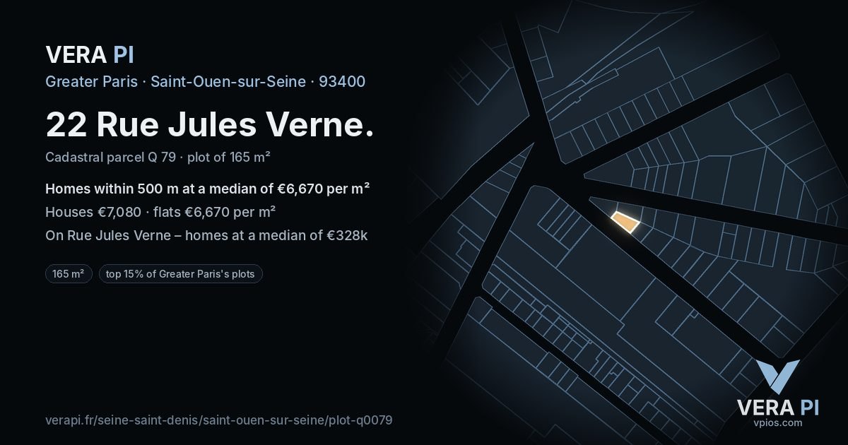 22 Rue Jules Verne, Saint-Ouen-sur-Seine at night – the plot lit, the parcels around coloured by the prices near them