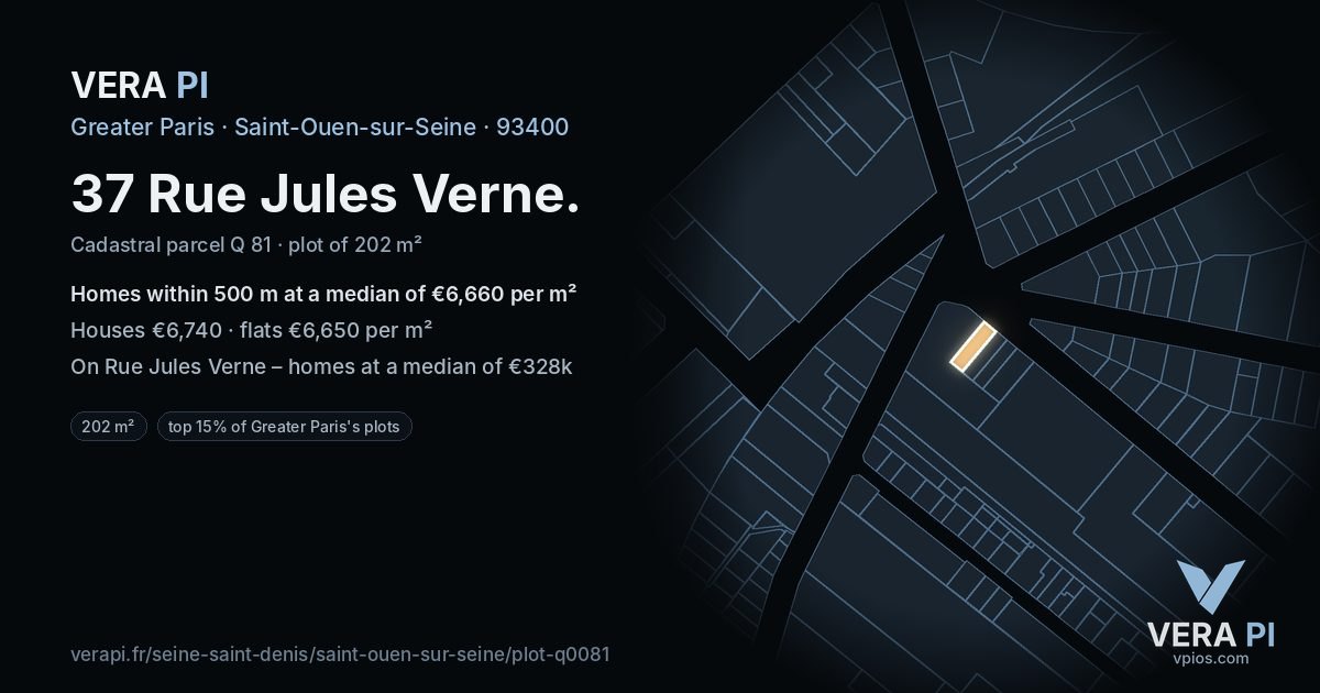 37 Rue Jules Verne, Saint-Ouen-sur-Seine at night – the plot lit, the parcels around coloured by the prices near them
