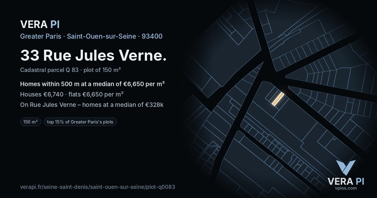 33 Rue Jules Verne, Saint-Ouen-sur-Seine at night – the plot lit, the parcels around coloured by the prices near them
