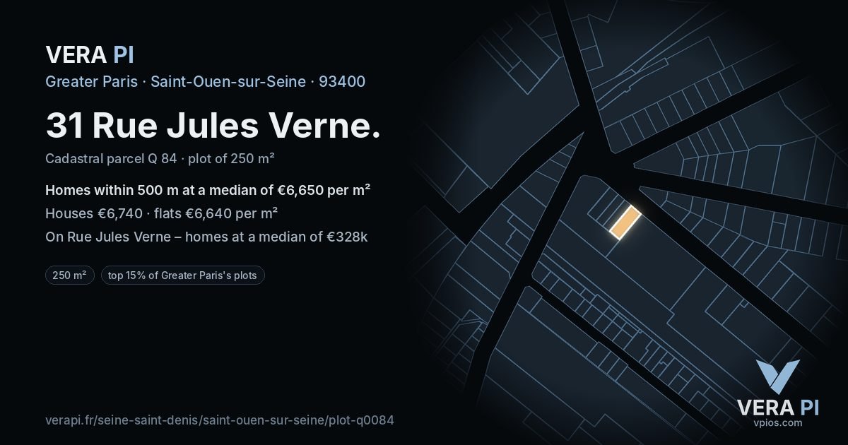 31 Rue Jules Verne, Saint-Ouen-sur-Seine at night – the plot lit, the parcels around coloured by the prices near them