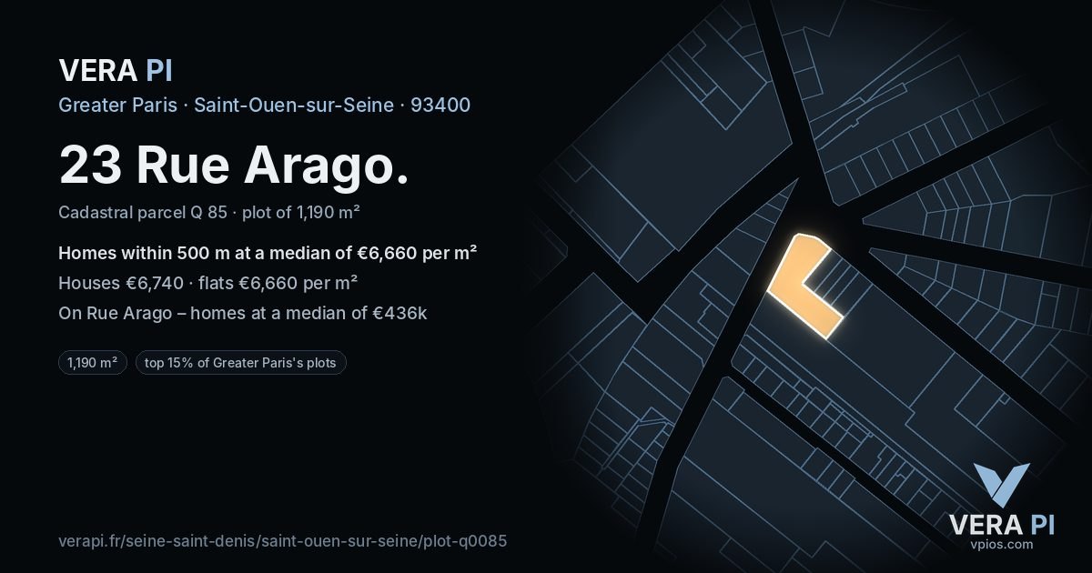 23 Rue Arago, Saint-Ouen-sur-Seine at night – the plot lit, the parcels around coloured by the prices near them