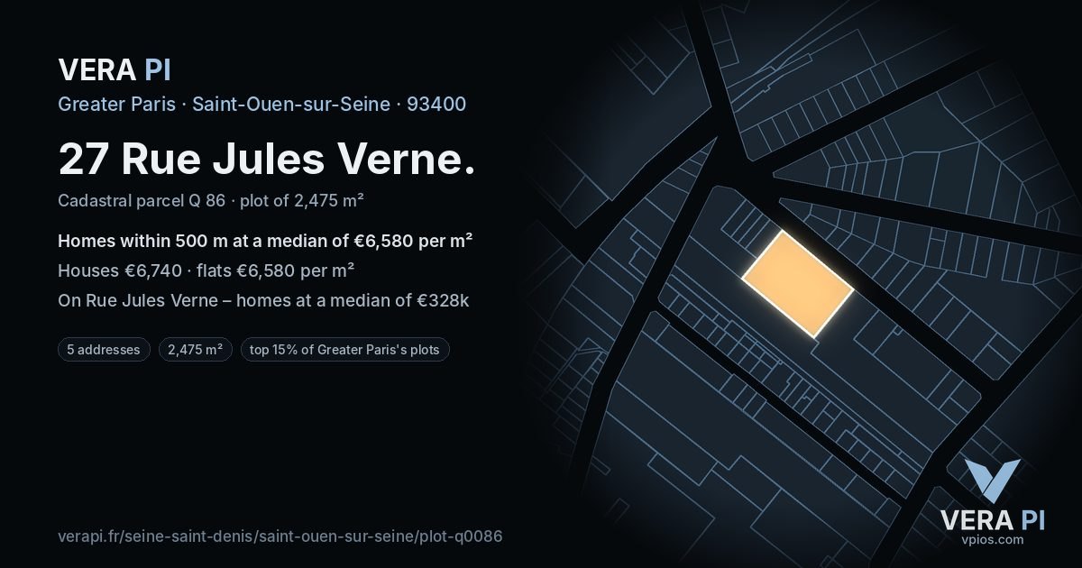 27 Rue Jules Verne, Saint-Ouen-sur-Seine at night – the plot lit, the parcels around coloured by the prices near them