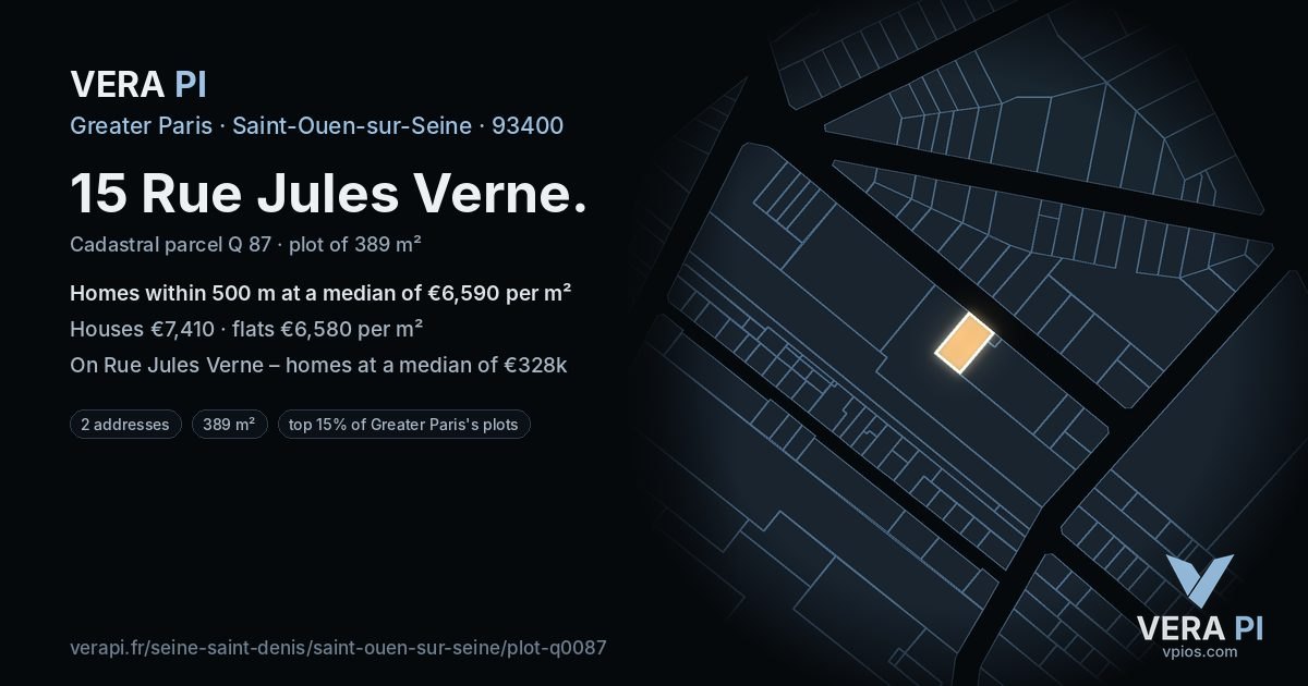 15 Rue Jules Verne, Saint-Ouen-sur-Seine at night – the plot lit, the parcels around coloured by the prices near them