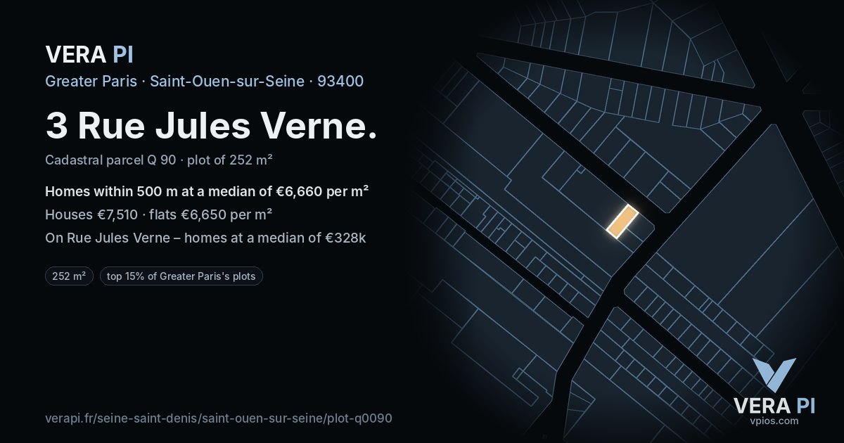 3 Rue Jules Verne, Saint-Ouen-sur-Seine at night – the plot lit, the parcels around coloured by the prices near them