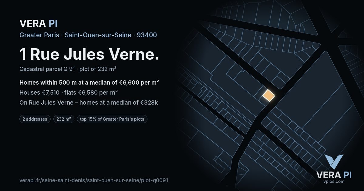 1 Rue Jules Verne, Saint-Ouen-sur-Seine at night – the plot lit, the parcels around coloured by the prices near them