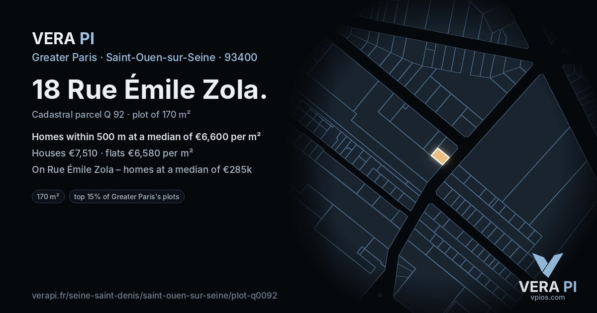 18 Rue Émile Zola, Saint-Ouen-sur-Seine at night – the plot lit, the parcels around coloured by the prices near them