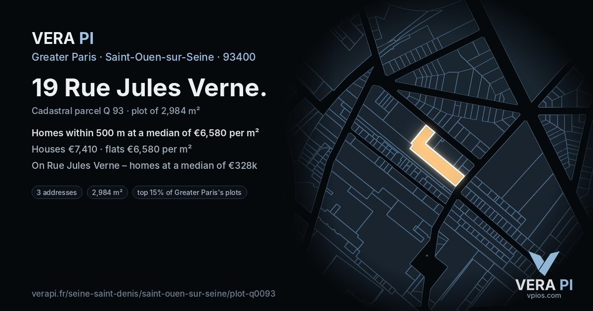 19 Rue Jules Verne, Saint-Ouen-sur-Seine at night – the plot lit, the parcels around coloured by the prices near them