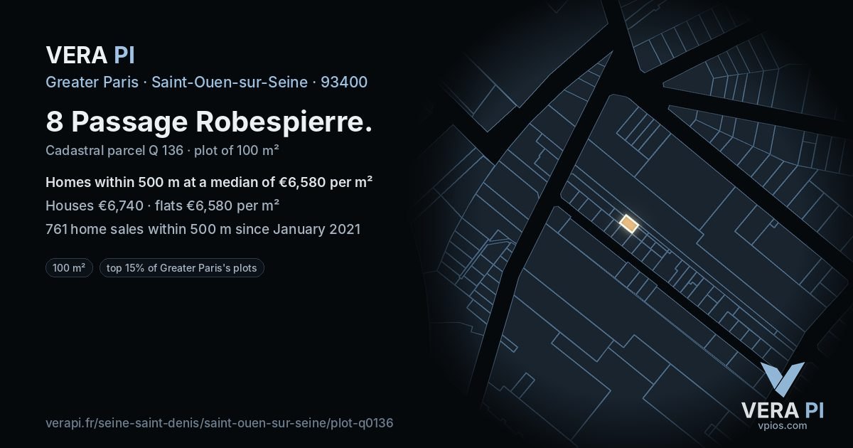 8 Passage Robespierre, Saint-Ouen-sur-Seine at night – the plot lit, the parcels around coloured by the prices near them