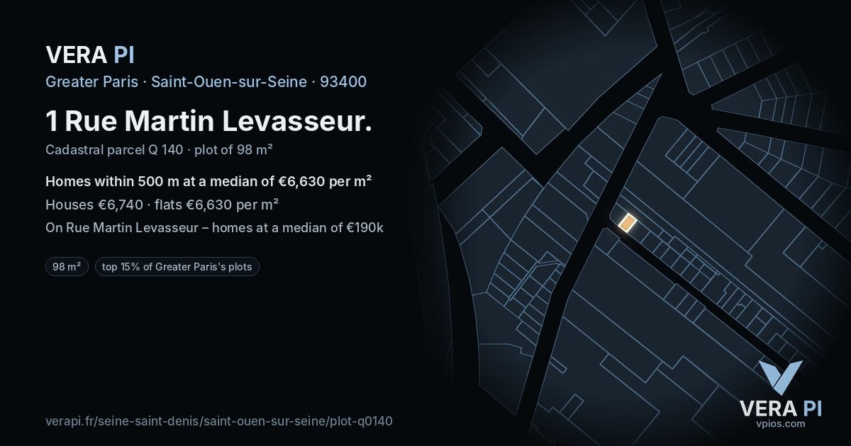 1 Rue Martin Levasseur, Saint-Ouen-sur-Seine at night – the plot lit, the parcels around coloured by the prices near them