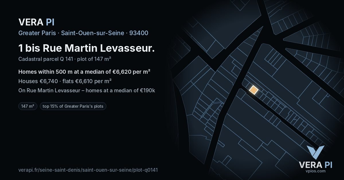 1 bis Rue Martin Levasseur, Saint-Ouen-sur-Seine at night – the plot lit, the parcels around coloured by the prices near them