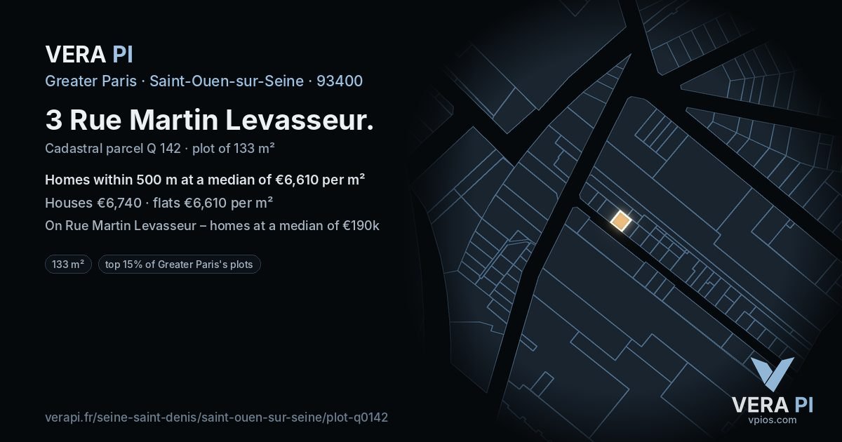 3 Rue Martin Levasseur, Saint-Ouen-sur-Seine at night – the plot lit, the parcels around coloured by the prices near them