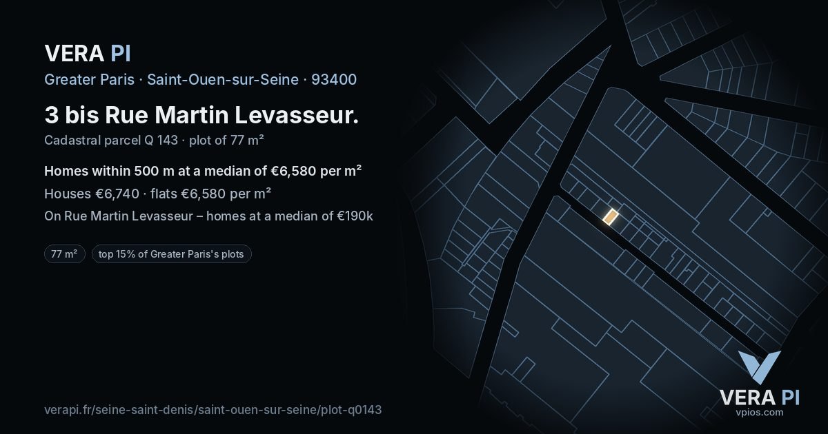 3 bis Rue Martin Levasseur, Saint-Ouen-sur-Seine at night – the plot lit, the parcels around coloured by the prices near them