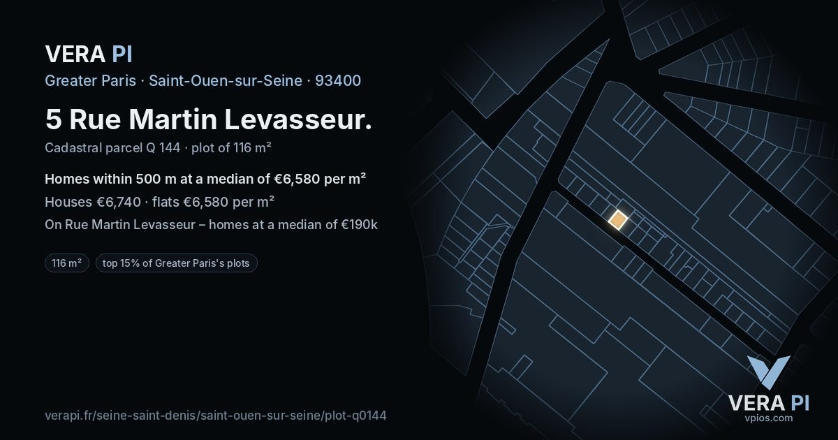 5 Rue Martin Levasseur, Saint-Ouen-sur-Seine at night – the plot lit, the parcels around coloured by the prices near them