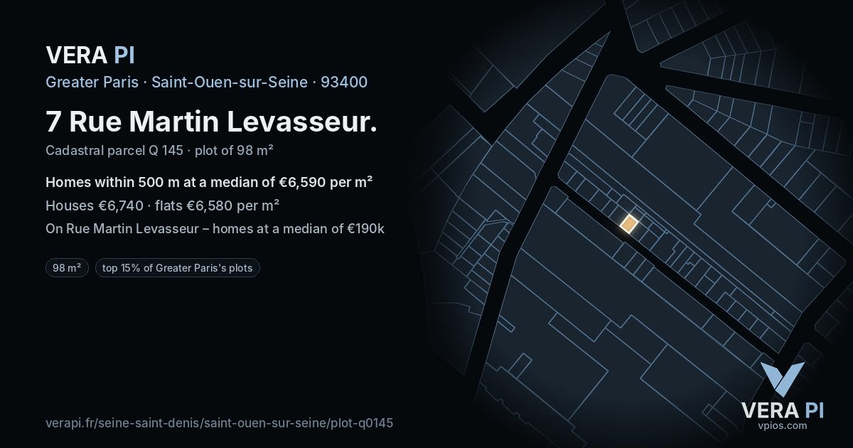 7 Rue Martin Levasseur, Saint-Ouen-sur-Seine at night – the plot lit, the parcels around coloured by the prices near them