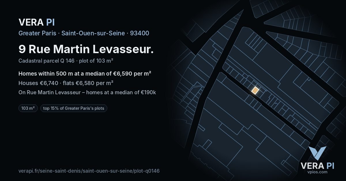 9 Rue Martin Levasseur, Saint-Ouen-sur-Seine at night – the plot lit, the parcels around coloured by the prices near them