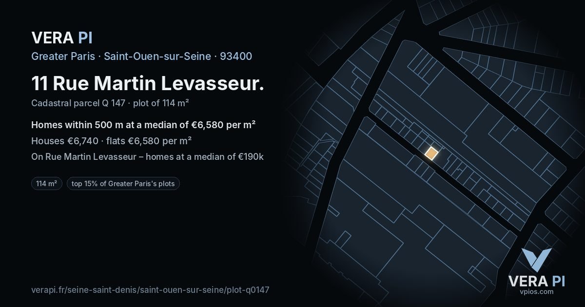 11 Rue Martin Levasseur, Saint-Ouen-sur-Seine at night – the plot lit, the parcels around coloured by the prices near them