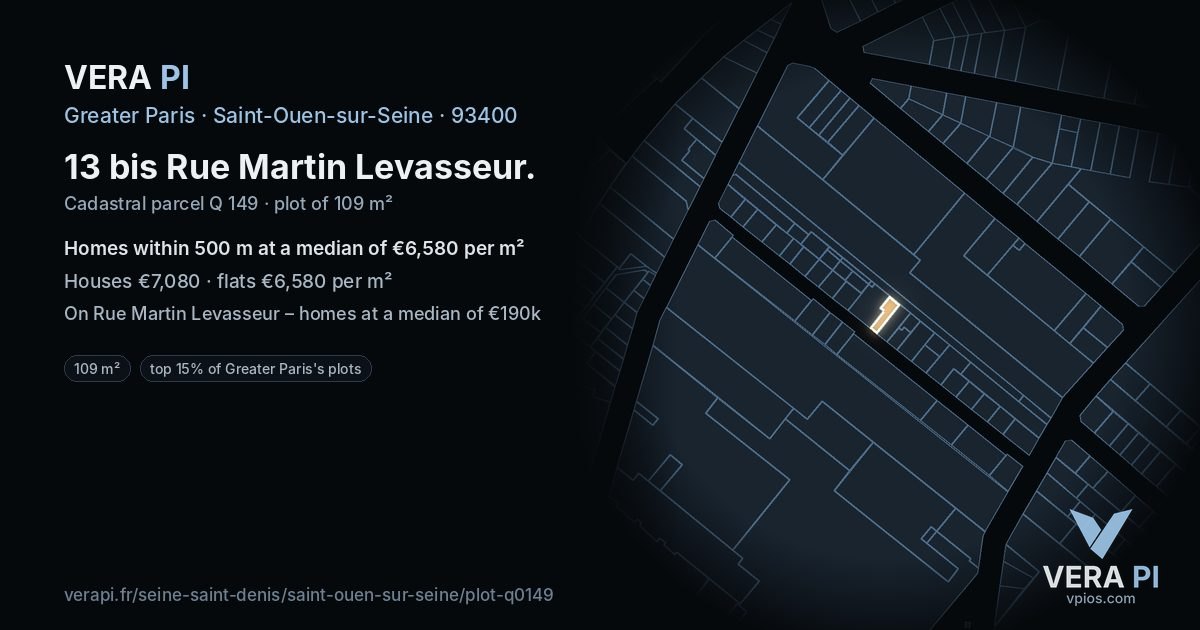 13 bis Rue Martin Levasseur, Saint-Ouen-sur-Seine at night – the plot lit, the parcels around coloured by the prices near them