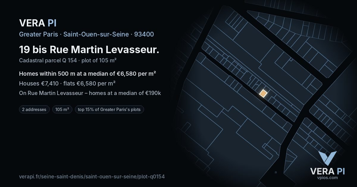 19 bis Rue Martin Levasseur, Saint-Ouen-sur-Seine at night – the plot lit, the parcels around coloured by the prices near them