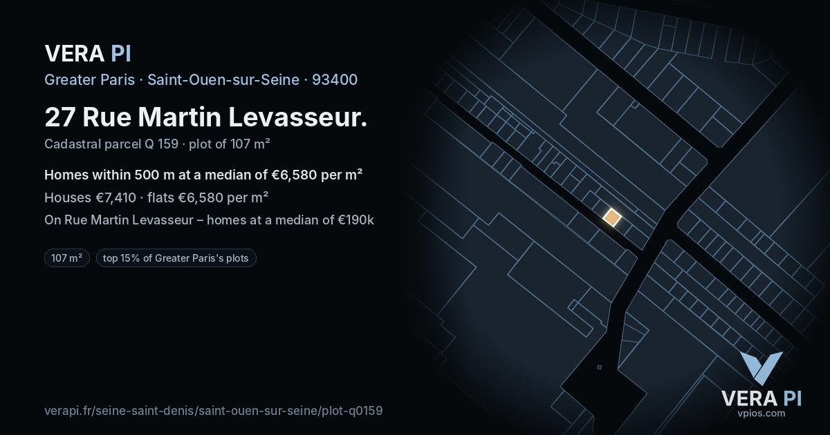 27 Rue Martin Levasseur, Saint-Ouen-sur-Seine at night – the plot lit, the parcels around coloured by the prices near them