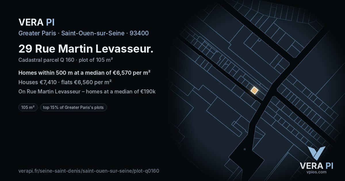 29 Rue Martin Levasseur, Saint-Ouen-sur-Seine at night – the plot lit, the parcels around coloured by the prices near them