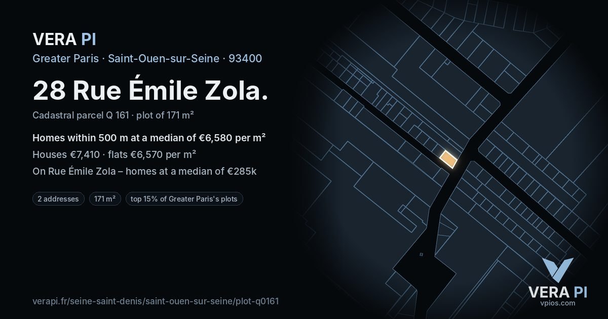 28 Rue Émile Zola, Saint-Ouen-sur-Seine at night – the plot lit, the parcels around coloured by the prices near them