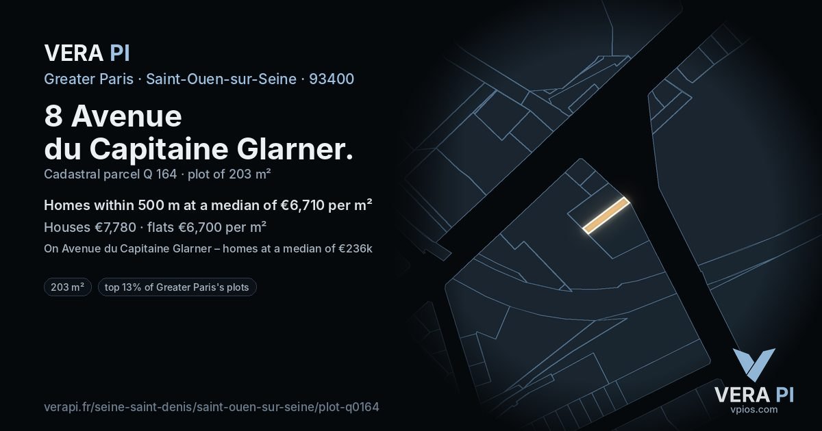 8 Avenue du Capitaine Glarner, Saint-Ouen-sur-Seine at night – the plot lit, the parcels around coloured by the prices near them