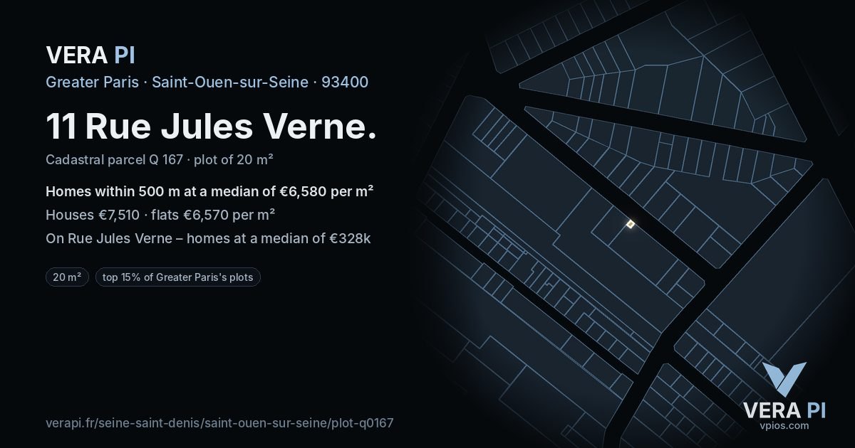 11 Rue Jules Verne, Saint-Ouen-sur-Seine at night – the plot lit, the parcels around coloured by the prices near them