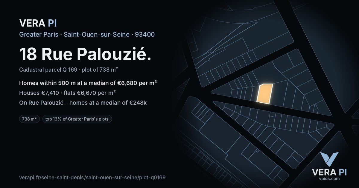 18 Rue Palouzié, Saint-Ouen-sur-Seine at night – the plot lit, the parcels around coloured by the prices near them