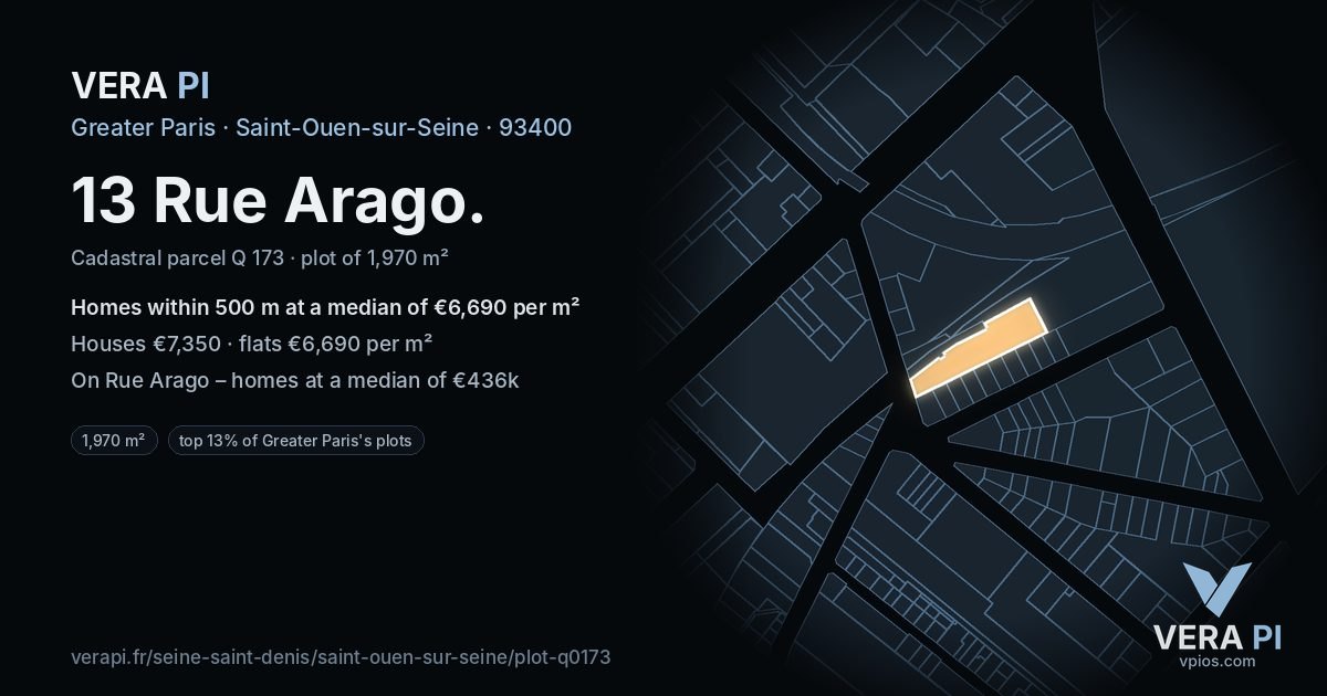 13 Rue Arago, Saint-Ouen-sur-Seine at night – the plot lit, the parcels around coloured by the prices near them