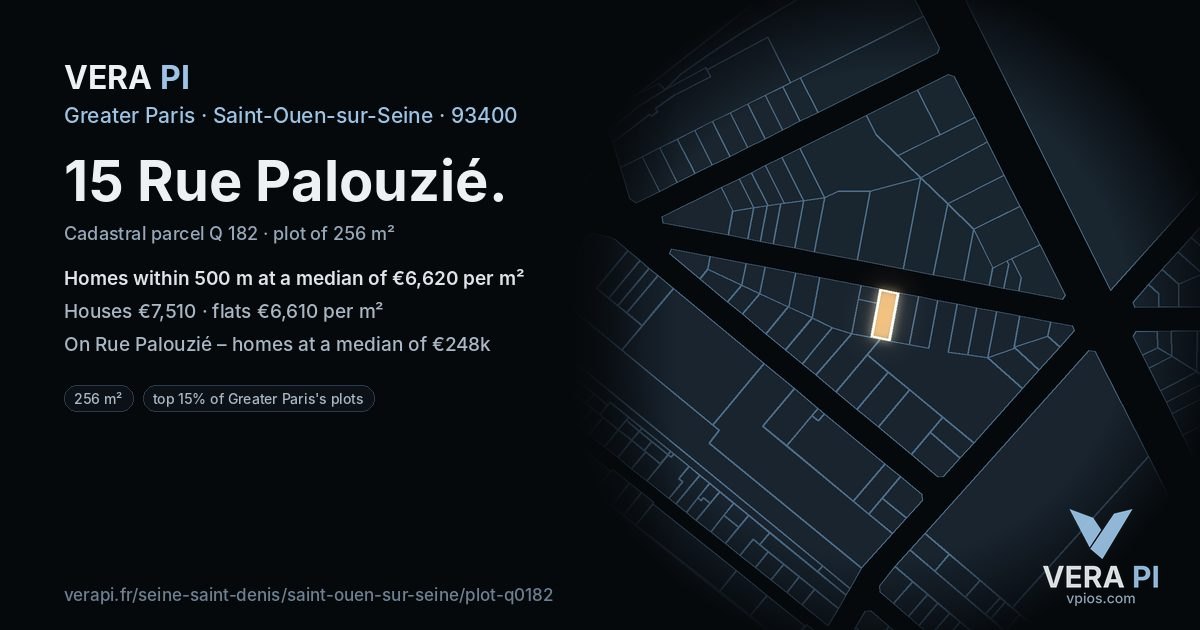 15 Rue Palouzié, Saint-Ouen-sur-Seine at night – the plot lit, the parcels around coloured by the prices near them